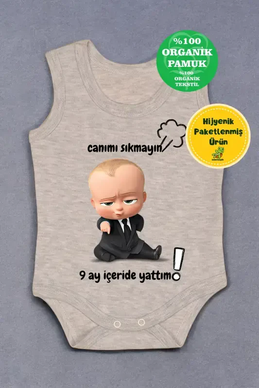 %100 Paxta 9 Oy Ichkarida Yotdim Bosmali Zıbın & Body-Kulrang - BEBETOSPIK