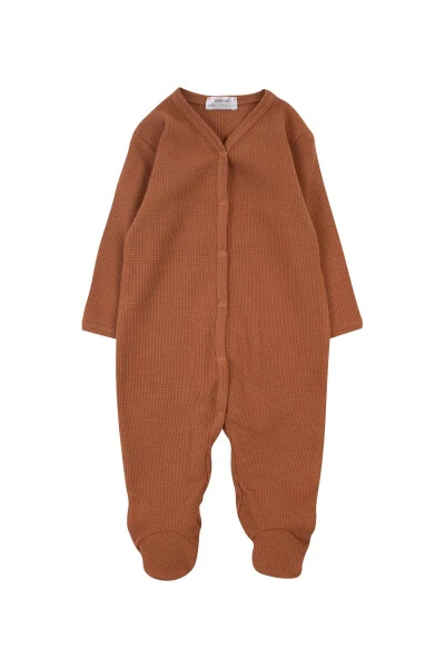 %100 Paxta Bebek Vafli Mato Oyoqli Patikli Qahva - MAVIPINK