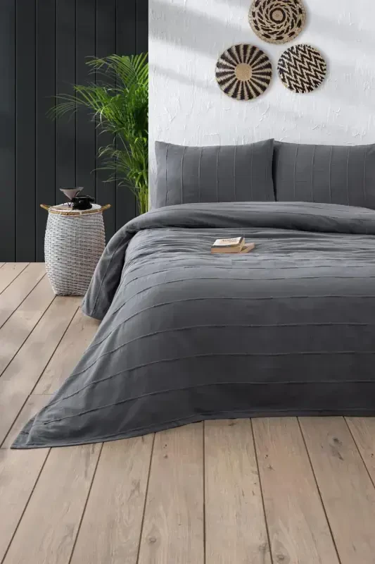 %100 Paxta Chift Kichilik Antratsit Pike Seti - Seri 210x220 Sm - 2 Adet 50x70 Sm Yostiq Jildi - Antratsit - 1