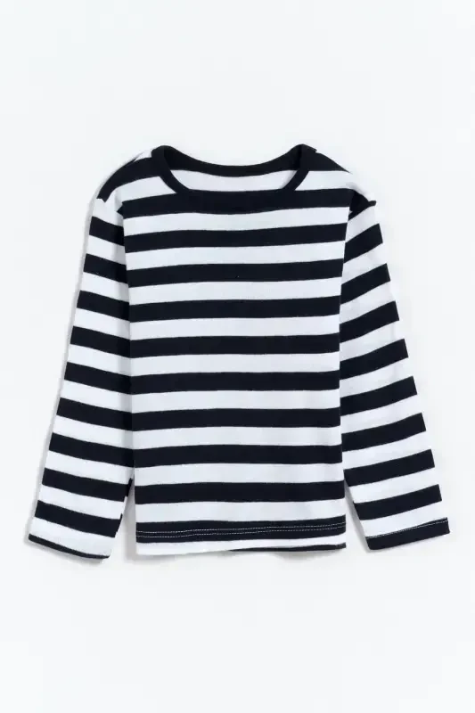 %100 Paxta Chiziqli Asosiy Erkak Bolalar Futbolkasi - To'q ko'k - Oq-To'q ko'k - 1