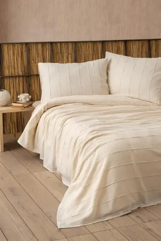 %100 Paxta Çift Kişilik Natural Pike Seti - Seri 210x220 Sm- 2 Adet 50x70 Sm Yastık Kılıfı-Natural - DENİZLİ CONCEPT