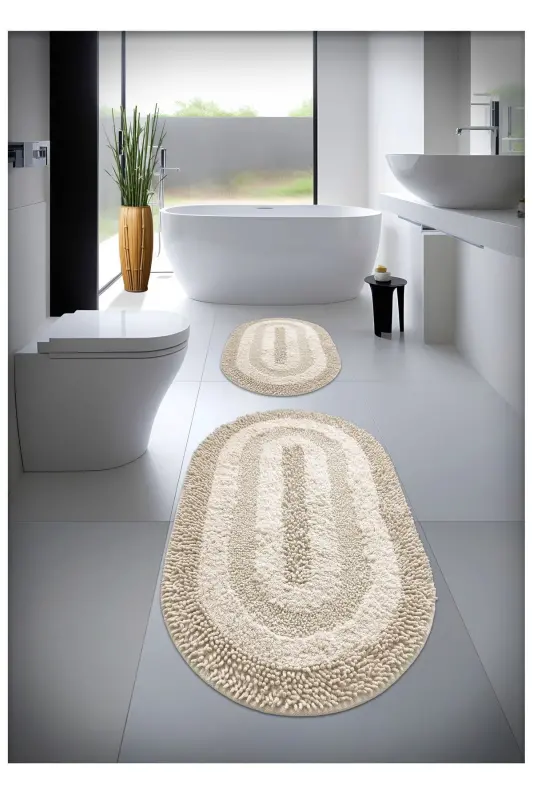 %100 Paxta El Tafting Suv Yutuvchi Hammom Gilamchasi To'plami, Hammom Gilami Cottonway 2 Li To'plam 60x100 - 60x50-Bej - 1