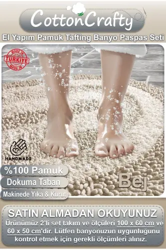 %100 Paxta El Tafting Suv Yutuvchi Hammom Gilamchasi To'plami, Hammom Gilami Cottonway 2 Li To'plam 60x100 - 60x50-Bej - 2