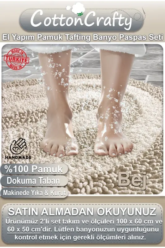 %100 Paxta El Tafting Suv Yutuvchi Hammom Gilamchasi To'plami, Hammom Gilami Cottonway 2 Li To'plam 60x100 - 60x50-Bej - 2