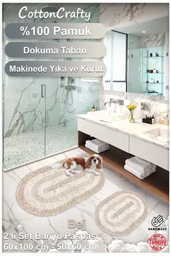 %100 Paxta El Tafting Suv Yutuvchi Hammom Gilamchasi To'plami, Hammom Gilami Cottonway 2 Li To'plam 60x100 - 60x50-Bej - 3