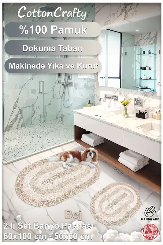 %100 Paxta El Tafting Suv Yutuvchi Hammom Gilamchasi To'plami, Hammom Gilami Cottonway 2 Li To'plam 60x100 - 60x50-Bej - 3