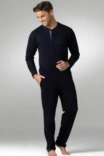 %100 Paxta Erkaklar Uzun Qisma Sep Kutuli Pijama To'plami - Ko'k - Modazone (1)