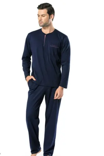 %100 Paxta Erkaklar Uzun Qisma Sep Kutuli Pijama To'plami - Ko'k - 1