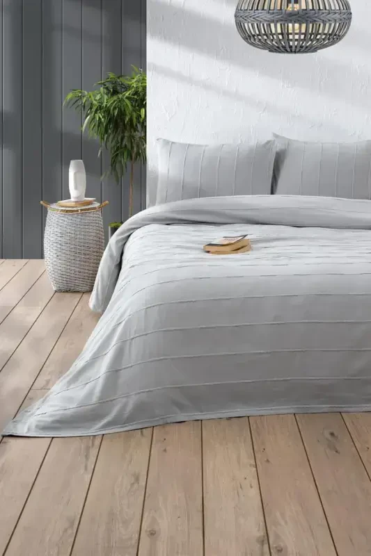 %100 Paxta Ikkita Kichilik Kulrang Pike Seti - Seri 210x220 Sm - 2 Dona 50x70 Sm Yostiq Jildi - Kulrang - 1