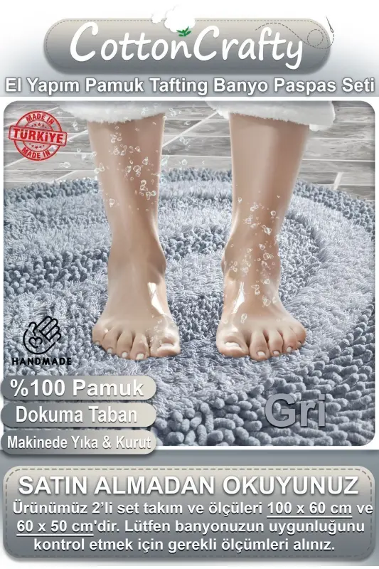 %100 Paxta Qo'lda Tafting Suv shimuvchi Hammom Gilamchasi To'plami, Hammom Gilami Cottonway 2 Li To'plam 60x100 - 60x50-Kulrang - 2