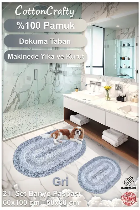 %100 Paxta Qo'lda Tafting Suv shimuvchi Hammom Gilamchasi To'plami, Hammom Gilami Cottonway 2 Li To'plam 60x100 - 60x50-Kulrang - 3