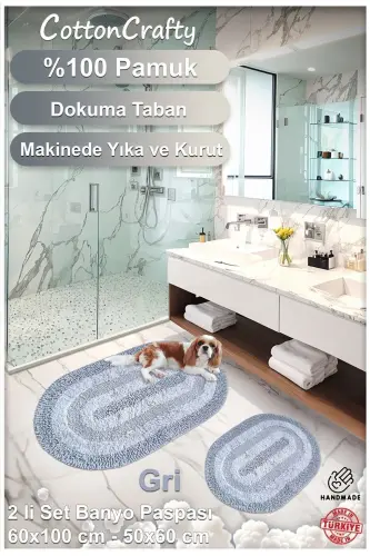 %100 Paxta Qo'lda Tafting Suv shimuvchi Hammom Gilamchasi To'plami, Hammom Gilami Cottonway 2 Li To'plam 60x100 - 60x50-Kulrang - 3