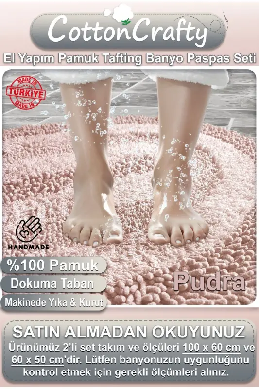 %100 Paxta Qo'lda Tafting Suv Shimuvchi Hammom Gilamchasi To'plami, Hammom Gilami Cottonway 2 Li To'plam 60x100 - 60x50-Pudra - 2