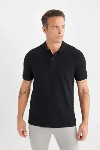 %100 Paxta Regular Fit Polo Yoqali Qisqa Yengli Asosiy Tekis Pike Mato Qora Futbolka-Qora - 5