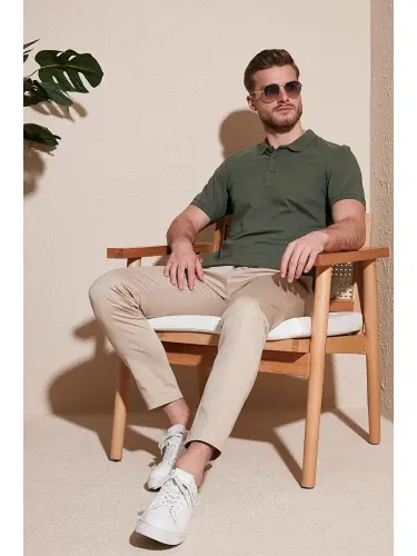 % 100 Paxta Regular Fit Tugmali Erkak Polo Yaka Futbolka 5902127-Haki - 3