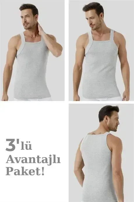 %100 Paxta Ribana Erkak Kulrang Keng Beykali Atlet 3'li Paket - 1