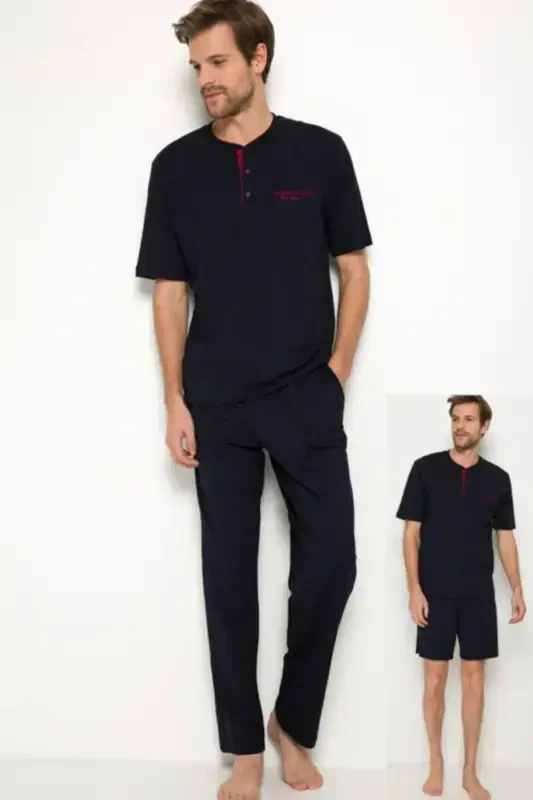 %100 Paxta Seplik Qutili Erkaklar 3 qismli Pijama To'plami - To'q ko'k - 1