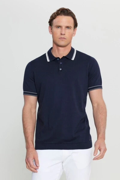 100% Paxta Standart Fit Oddiy Bichim Polo Yaxali Triko To'q ko'k Triko Futbolka - ALTINYILDIZ CLASSICS