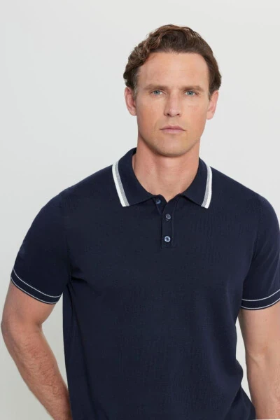 100% Paxta Standart Fit Oddiy Bichim Polo Yaxali Triko To'q ko'k Triko Futbolka - 3