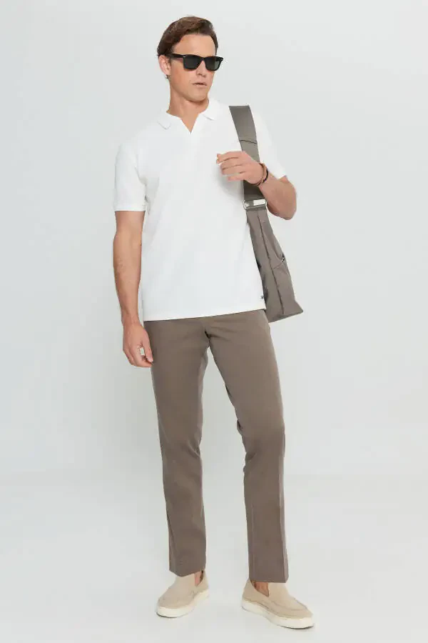 100% Paxta Standart Fit Oddiy Kesim Polo Yaka Triko Ekru Triko Futbolka - 2