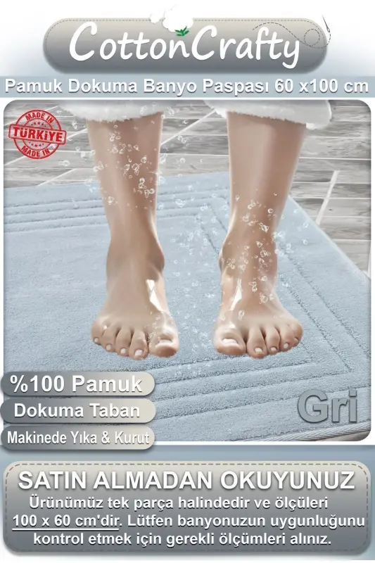 %100 Paxta To'quv Hammom Gilami, Hammom Gilami Vera 60x100 Sm Mashinada Yuving & Quriting-GRİ - 9