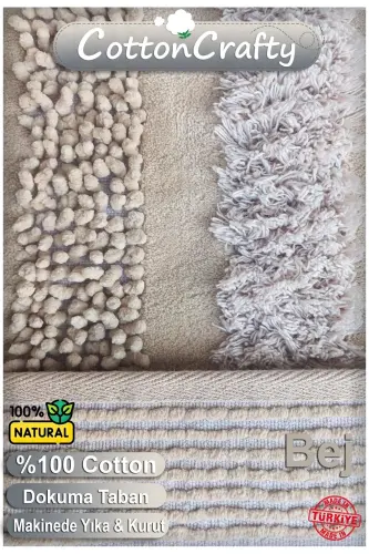 %100 Paxta To'quv & Tafting Hammom Gilamchasi To'plami, Hammom Gilami ARMONI 2 Li To'plam 60x100 - 60x50-bej - 4