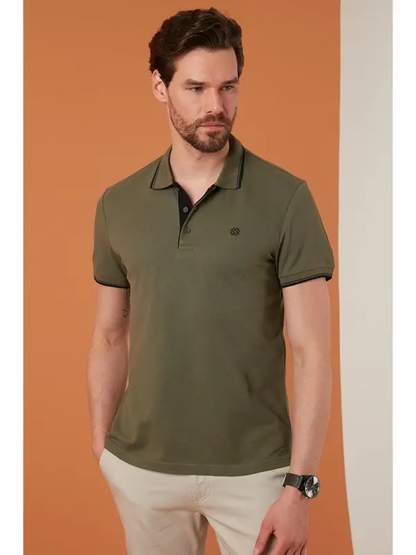 %100 Paxta Tugmali Regular Fit Polo Ko'ylak 5902118-Haki - 2