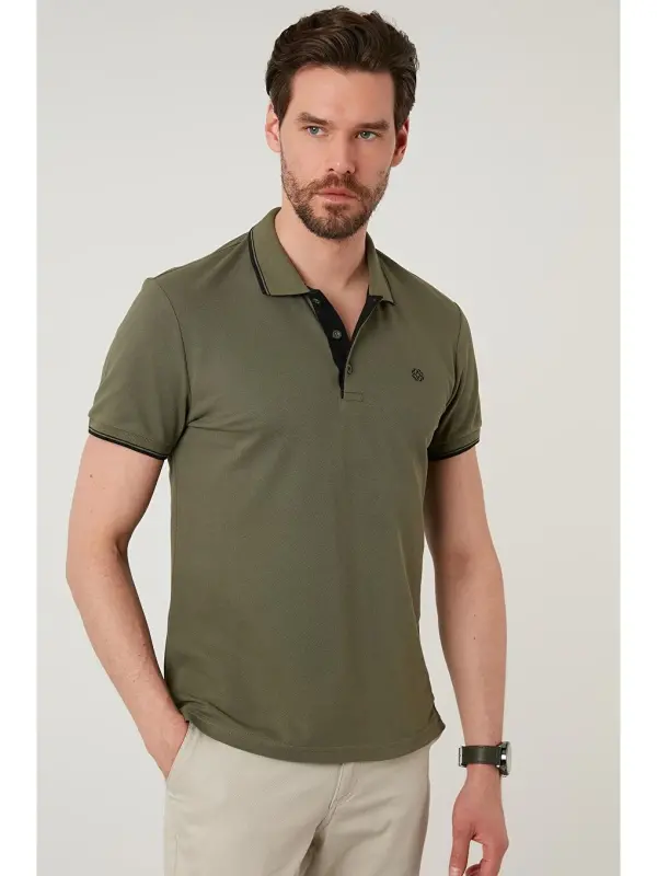 %100 Paxta Tugmali Regular Fit Polo Ko'ylak 5902118-Haki - 3