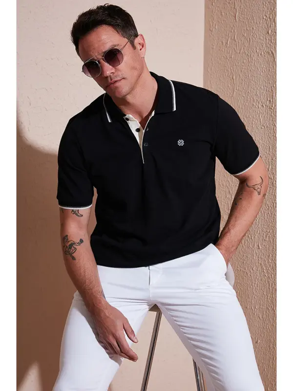 % 100 Paxta Tugmali Slim Fit Erkak Polo Yoqali T Shirt 5902118-Qora - LC WAIKIKI