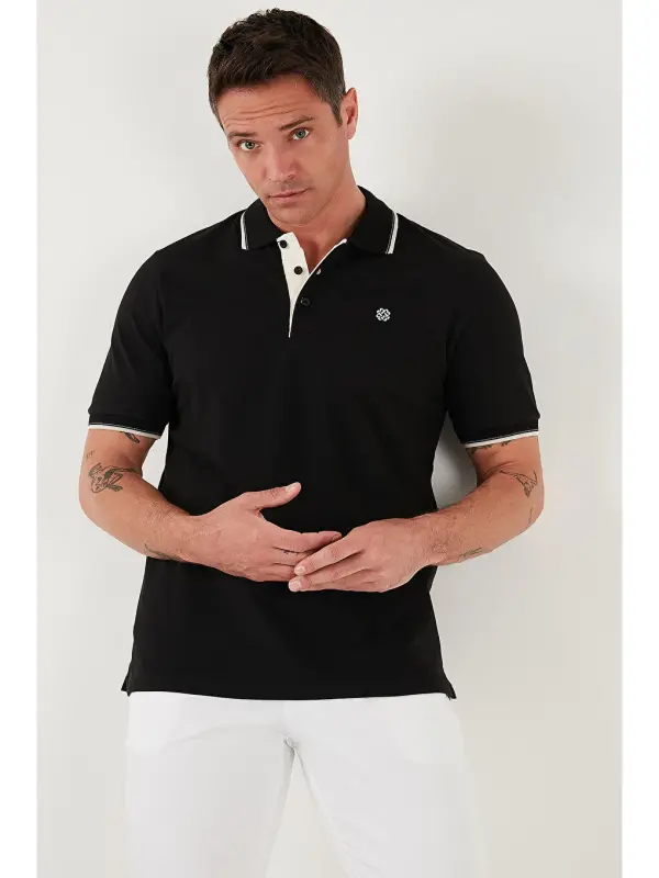 % 100 Paxta Tugmali Slim Fit Erkak Polo Yoqali T Shirt 5902118-Qora - 5