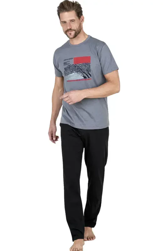 %100 Paxta Yozgi Erkaklar Pijama To'plami, Cho'ntakli - To'q Kulrang - Pierre Cardin