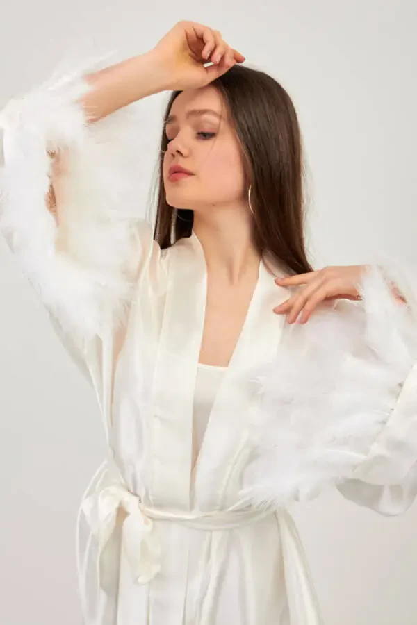 100% Silk Ecru Bridal Kimono/Robe - 2