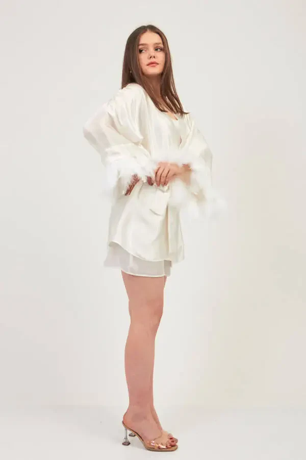 100% Silk Ecru Bridal Kimono/Robe - 3