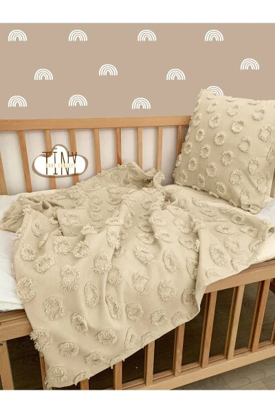 %100 Şönil Pike Ponponlu Özel Tasarım Kumaş Bebek Kundak Battaniyesi 100x100 Cm-bej - 2