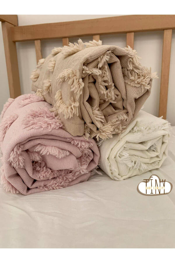 %100 Şönil Pike Ponponlu Özel Tasarım Kumaş Bebek Kundak Battaniyesi 100x100 Cm-bej - 3