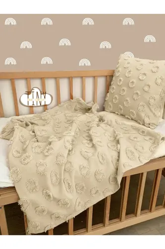 %100 Şönil Pike Ponponlu Özel Tasarım Kumaş Bebek Kundak Battaniyesi 100x100 Cm - bej - 2