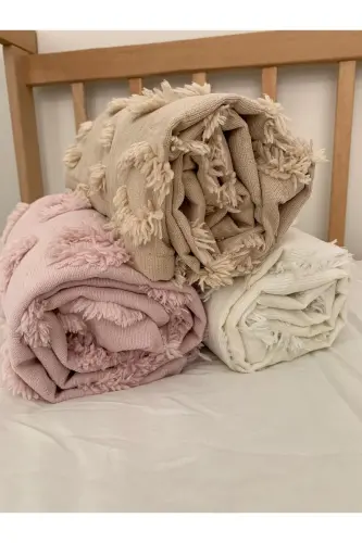 %100 Şönil Pike Ponponlu Özel Tasarım Kumaş Bebek Kundak Battaniyesi 100x100 Cm - kırıkbeyaz - 3