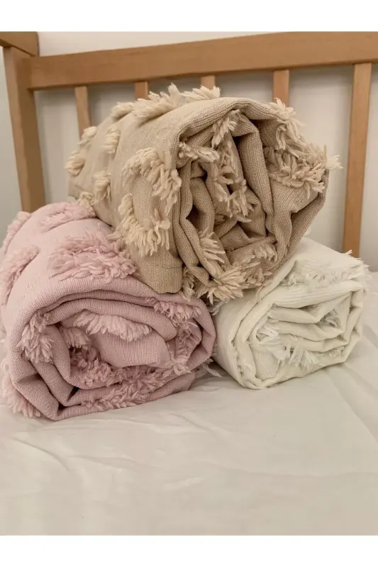 %100 Şönil Pike Ponponlu Özel Tasarım Kumaş Bebek Kundak Battaniyesi 100x100 Cm - kırıkbeyaz - 3