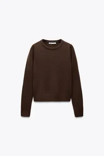 100% WOOL PLAIN KNIT SWEATER-Brown - 5