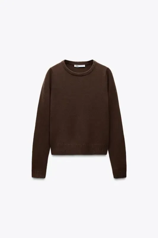 100% WOOL PLAIN KNIT SWEATER-Brown - 5