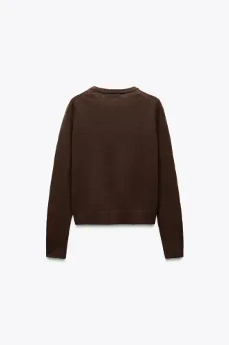 100% WOOL PLAIN KNIT SWEATER-Brown - 6