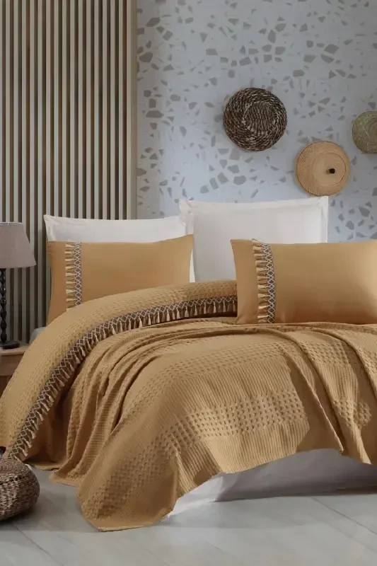100% хлопок Bohamline бутик двуспальный комплект покрывала горчичный-горчичный - Modazone