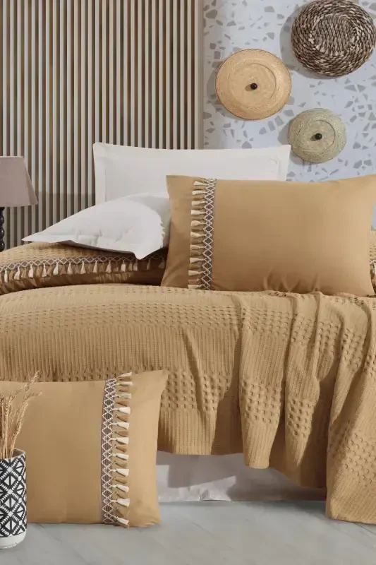 100% хлопок Bohamline бутик двуспальный комплект покрывала горчичный-горчичный - 2