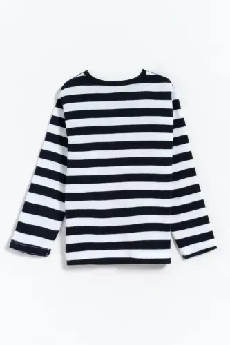 %100 Хлопок Полосатая Базовая Детская Футболка для Мальчиков - Темно-синий - Белый-Темно-синий - 3