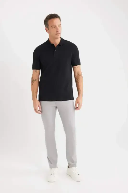 %100 хлопок Regular Fit Polo воротник короткий рукав Basic однотонный трикотаж пике черная футболка-черный - 2