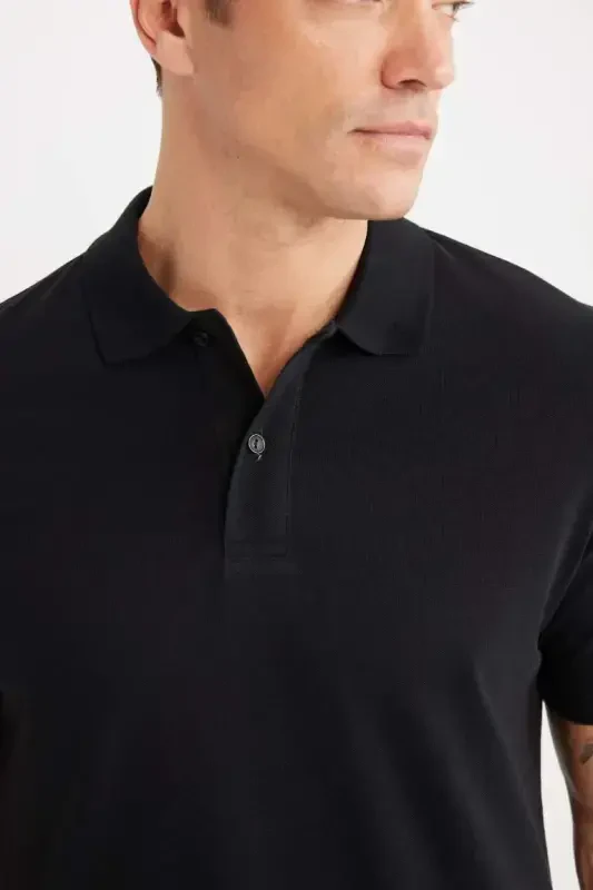 %100 хлопок Regular Fit Polo воротник короткий рукав Basic однотонный трикотаж пике черная футболка-черный - 6