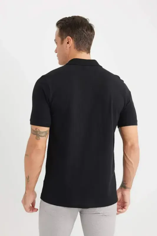%100 хлопок Regular Fit Polo воротник короткий рукав Basic однотонный трикотаж пике черная футболка-черный - 7
