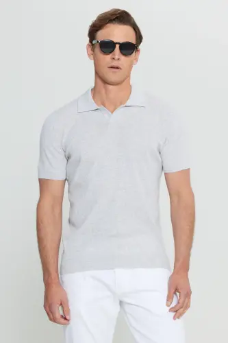 %100 Хлопок Стандартный Крой Гавайский Воротник Жаккардовый Трикотаж Светло-Серый-Меланж Трикотажная Футболка-Серый - 3