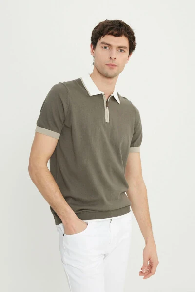 100% хлопок. Стандартный крой. Обычная посадка. Поло. Трикотажная рубашка цвета хаки. - 4