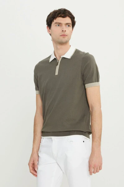 100% хлопок. Стандартный крой. Обычная посадка. Поло. Трикотажная рубашка цвета хаки. - 6